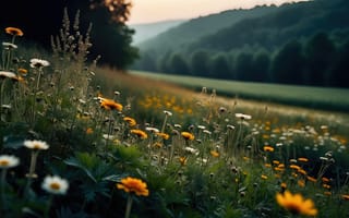Картинка поле, ромашки, 4k, лес, закат, горный пейзаж, луг, ботаника, нейросеть, 1920 1080, зелень, 2k, летний пейзаж, холмы, трава, красота природы, оранжевые соцветия, природа, полевые цветы, пейзаж, цветущий луг, цветы, закатное солнце, растительность, ИИ