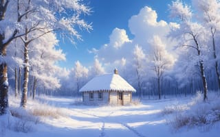 Картинка зима, зимний пейзаж, деревенская изба, тропинка, тишина, голубое небо, снег, мороз, лесной домик, деревенский пейзаж, избушка, облака, солнечный день, заснеженные ветви, зимняя идиллия, бревенчатая изба, лес, спокойствие, снежный покров, 4k, природа, морозный воздух, 1920 1080, деревья в снегу, рабочий стол, 2k, заснеженный лес, красота зимы, ИИ, нейросеть, уют