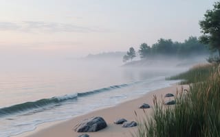 Картинка море, берег, 4k, утренняя дымка, линия прибоя, ИИ, волны, умиротворение, нейросеть, вода, пляж, прибрежная растительность, спокойствие, природа, камни, сосны, рассвет, туман, трава, 2k, песок, 1920 1080, зелень, прибрежный пейзаж, дюны