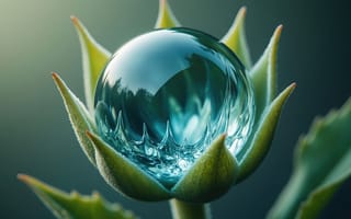 Картинка капля, сфера, искусство, стекло, детали, форма, фотоарт, композиция, ботаника, бутон, вода, прозрачность, симметрия, цветок, макросъёмка, отражение, абстракция, 4k, текстура, ИИ, зелень, листья, 2k, фантазия, блеск, эстетика, растительность, нейросеть, природа, 1920 1080, красота