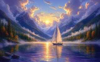 Картинка парусник, озеро, заснеженные вершины, водная гладь, художественная иллюстрация, закат, 4k, умиротворение, хвойные деревья, закатное небо, снежные склоны, спокойная вода, величественные горы, туман, живописный вид, закатное освещение, отражение, лес, 2k, 1920 1080, горный массив, ИИ, ели, нейросеть, туманный воздух, облака, хвойный лес, закатная атмосфера, туманная долина, горы, природа, закатная палитра, романтика, спокойствие
