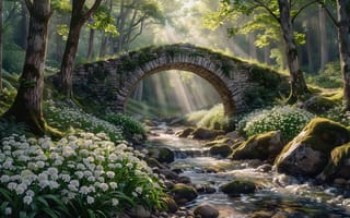 Картинка лес, ручей, каменный мост, лесная тропа, летний лес, мох, солнечный свет, флора, журчащий поток, ИИ, 2k, природа, зелень, дикая природа, гармония, камни, арка, пейзаж, белые соцветия, цветы, 4k, атмосфера спокойствия, нейросеть, тенистая роща, экосистема, журчание, лесной пейзаж, естественная красота, свет и тень, живописный уголок, игра света, 1920 1080, деревья, умиротворение