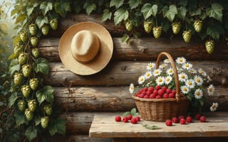 Картинка натюрморт, корзина, урожай, сельский пейзаж, эстетика деревни, натуральные оттенки, плетёная корзина, ромашки, бревенчатая стена, дары лета, нейросеть, композиция, 2k, цветы, деревенская атмосфера, лето, зелень, соломенная шляпа, ботаническая тематика, 1920 1080, ИИ, ягоды, 4k, малина, уют, шишки хмеля, натюрморт маслом, хмель, деревенский стиль, сельский натюрморт, природа