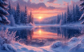 Картинка зимний пейзаж, заснеженный лес, 4k, закатное солнце, отражение деревьев, зимний закат, ИИ, ели в снегу, снежное покрывало, 1920 1080, природа зимой, заснеженная природа, 2k, морозная тишина, зимнее озеро, спокойная гладь, розово-сиреневый закат, зимний покой, отражение заката, зимний рассвет, морозный воздух, снежная сказка, красота зимы, хвойный лес, ледяной пруд, нейросеть, зимний ландшафт, заснеженные кусты, заснеженные ветви