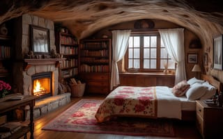 Картинка пещера, спальня, полка, тепло, деревянная мебель, атмосфера, цветы, ковёр, очаг, книги, нейросеть, дрова, покрывало, шторы, окно, деревенский стиль, книжные полки, домашний уют, природная эстетика, 2k, 1920 1080, розы, уединение, корзина, текстиль, ИИ, комфорт, каменный потолок, камин, интерьер, винтажный стиль, огонь, декор, 4k, уют