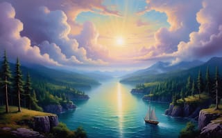 Картинка пейзаж, рассвет, утренняя идиллия, рабочий стол, красота природы, 2k, водная гладь, хвойные деревья, горы, скалы, парусник, живописные утёсы, природная гармония, живописный вид, 4k, озеро, панорамный вид, солнечные лучи, горный пейзаж, хвойный лес, нейросеть, 1920 1080, умиротворение, спокойствие, ИИ, лес у воды, отражение солнца, утренний свет, бирюзовая гладь, облака, природа