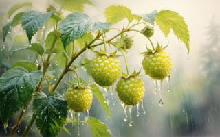 Картинка малина, жёлтая малина, крупный план, 1920 1080, влажность, ягоды в каплях, дождь, зелень, летний дождь, листья, естественная красота, ботаника, свежесть, растительность, 2k, ягоды, куст малины, 4k, нейросеть, зелёная малина, роса, ИИ, природа, капли дождя, садоводство
