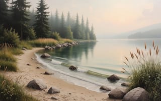 Картинка пейзаж, озеро, берег, дымка, ландшафт, ИИ, 4k, утренний пейзаж, умиротворение, реализм, волны, нейросеть, хвойный лес, 2k, горы, лес, трава, спокойствие, хвойные деревья, песок, камни, прибрежная зона, природа, 1920 1080, водная гладь