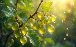 Картинка крыжовник, ягоды, зелёный крыжовник, естественная красота, сияние, нейросеть, зелень, летний пейзаж, природа, капли дождя, 1920 1080, влажность, растительный мир, свежесть, роса, листья, естественность, 4k, макросъёмка, утро, урожай, ИИ, 2k, растительность, ветка, сад, плоды, дождь, солнце, блики, зелёные ягоды