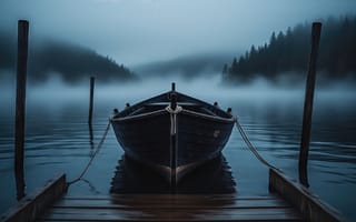 Картинка лодка, причал, вода, природа, спокойствие, 4k, озеро, деревянные столбы, речной пейзаж, дикая природа, умиротворение, лес, деревянная лодка, туманная дымка, 2k, отражение, туман, умиротворённая атмосфера, утренняя сцена, уединённость, утренний туман, нейросеть, берег, влажность, гладь воды, 1920 1080, ИИ, прохлада, хвойный лес, спокойствие природы, тишина, пейзаж