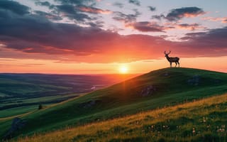 Картинка олень, закат, фауна, луг, поля, вечер, трава, ландшафт, 4k, 1920 1080, романтика, свет, умиротворение, дикая природа, 2k, облака, силуэт, спокойствие, простор, красота, нейросеть, величественность, ИИ, тени, пейзаж, холм, природа, дикая красота, дикая фауна, горизонт, солнце, дикость, тёплые оттенки, естественность, небо