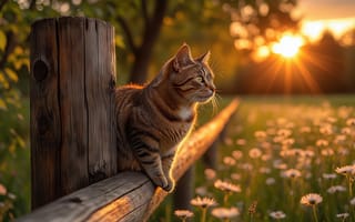 Картинка кот, кошка, сельский пейзаж, поле, умиротворение, деревянный забор, природа, цветы, зелень, нейросеть, тёплый свет, 2k, солнце, ромашки, забор, вечер, кот на заборе, ИИ, 4k, 1920 1080, спокойствие, полосатый кот, закат, лето, кошачья грация