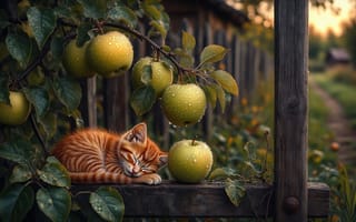 Картинка котёнок, рыжий котёнок, яблоки, спокойствие, гармония, зелёные яблоки, капли росы, сон, натюрморт, деревянный забор, деревенская атмосфера, ИИ, уют, животные, 1920 1080, ветка, свежесть, отдых, закатные лучи, листва, садовый уголок, умиротворение, осень, 4k, яблоня, сад, нейросеть, красота природы, сельская местность, расслабление, 2k, сельский пейзаж, трава, природа, ветви
