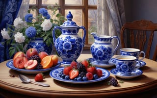 Картинка гжель, натюрморт, сервиз, чайный сервиз, фарфор, шторы, бело-голубой орнамент, 2k, деревянный стол, малина, эстетика, 1920 1080, утренний натюрморт, молочник, пионы, реализм, резной стул, цветы, окно, стол, нейросеть, апельсин, чайная чашка, 4k, черника, заварочный чайник, букет, ягоды, композиция, ИИ, классический интерьер, персики, где подают блюда, сервировка, домашний уют, сервировка завтрака, клубника, ложка