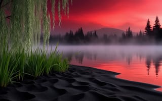 Картинка озеро, закат, туман, красное небо, ИИ, спокойствие природы, художественная сцена, зеркальная гладь, атмосфера, 4k, плакучая ива, нейросеть, ай-арт, природа, чёрный песок, природная гармония, утренний туман, горы на горизонте, отражение, спокойствие, пейзаж, мистика, эстетика, ива, лес, рассвет, контрастные цвета, 2k, вода, 1920 1080, хвойный лес