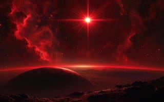 Картинка космос, красная звезда, сияние звезды, рабочий стол, звёздный свет, красный космос, багровый оттенок, нейросеть, 2k, HD, ИИ, далёкая планета, астрономия, планета, 4k, космическая глубина, космическая туманность, фантастический пейзаж, красный гигант