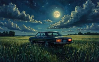 Картинка ночь, Луна, пейзаж, автомобиль, нейросеть, ИИ, спокойствие, звёздное небо, лунарный свет, 2k, природа, машина, 1920х1080, атмосферность, 4k, пшеница, облака, трава, HD, путешествие, рабочий стол, тишина, деревья, закат, простор, небо, горизонт, поле, свет фар, ностальгия, звёздная ночь, романтика, фары, ретро-автомобиль, дорога, 16:9, классика, сельская местность