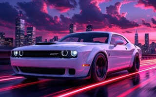 Картинка Dodge Challenger, SRT, закат, городской пейзаж, асфальтовая трасса, скорость, драйв, мощь, движение, динамика, ИИ, стиль, розовый закат, фары, городской закат, небоскрёбы, рабочий стол, мегаполис, автоспорт, нейросеть, 2k, вечерний город, спорткар, световые следы, HD, машина, 4k, 16:9, эстетика автомобиля, 1920х1080, автомобиль, огни, футуризм, хромированные детали, урбанистика, дорога, неоновый город, мощность