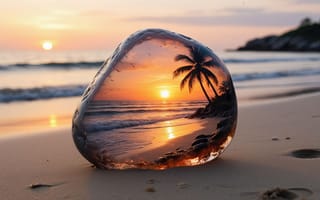 Картинка закат, пляж, морская гладь, море, песок, красота, 2k, гармония, 1920 1080, берег, спокойствие, пальмы, романтика, 4k, тропический пейзаж, экзотика, стеклянный шар, нейросеть, силуэт, птицы, отражение, океан, тропики, природа, волны, тёплые оттенки, закатное небо, солнце, прибрежный пейзаж, ИИ