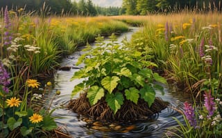 Картинка природа, ручей, нейросеть, белые цветы, 4k, флора, фиолетовые соцветия, ботанический пейзаж, цветы, растительность, 1920 1080, красота природы, природная гармония, 2k, спокойствие, пейзаж, зелень, сочная зелень, луг, ИИ, экосистема, экотропа, прибрежные растения, водная гладь, ландшафт, жёлтые цветы, дикая природа, водоём, летний пейзаж, полевые цветы, трава