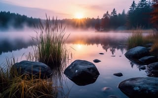 Картинка озеро, туман, утренняя свежесть, лесное озеро, ИИ, гладь воды, утренний туман, естественная гармония, хвойный лес, 2k, спокойствие, 1920 1080, дикая природа, береговая линия, пейзаж на рассвете, прохлада, трава, золотистые лучи, вода, лес, нейросеть, утренний пейзаж, живописный пейзаж, деревья, солнце, камни, 4k, зеркальная гладь, осенняя листва, умиротворение, отражение, рассвет, камыши, спокойная атмосфера, природа