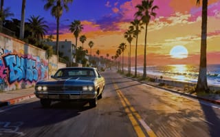 Картинка на открытом воздухе, небо, пляж, облако, пейзаж, солнце, дорога, наземное транспортное средство, граффити, закат, фокус автомобиля, автомобиль, транспортное средство, дерево, океан, без людей, пальмы, тень, горизонт