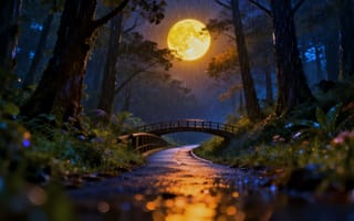 Картинка цветок, на открытом воздухе, трава, небо, дерево, вода, ночь, пейзаж, растение, без людей, размытый, полнолуние, лес, облако, мост, река, размытый передний план, ночное небо, Луна, природа, дождь, глубина резкости