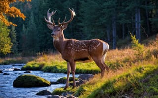 Картинка на открытом воздухе, день, лес, без людей, подпись, пейзаж, дерево, природа, животное, трава, олень, рога, рок, внимание к животным