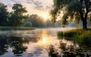 Картинка рассвет, туман, 1920 1080, красота, деревья, кувшинки, отражение, утро, спокойствие, природа, ИИ, 2k, умиротворение, свежесть, гладь, солнце, пейзаж, зелень, гармония, растительность, пруд, 4k, идиллия, нейросеть, лучи, дымка, лес, тишина, берег, вода, трава