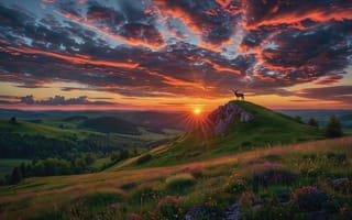 Картинка закат, олень, силуэт, горы, облака, холм, спокойствие, 1920 1080, фауна, закатное солнце, рассвет, природа, ИИ, луг, тёплые оттенки, пейзаж, нейросеть, зелень, дикая природа, красота, трава, небо, цветы, поле, растительность, солнце, живописный вид, 2k, долина, дикая фауна, скала, рога, 4k, горизонт