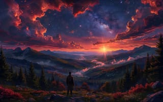 Картинка закат, горы, 1920 1080, 4k, величественный пейзаж, природа, долина, рассвет, облака, атмосферность, красота заката, силуэты деревьев, нейросеть, ИИ, человек, туманная долина, закатные краски, пейзаж, горные вершины, туман, хвойный лес, цифровое искусство, цветовые переливы, оранжевое небо, эстетика, художественная сцена, 2k, звёздная галактика, звёздное небо, романтика природы, одинокая фигура