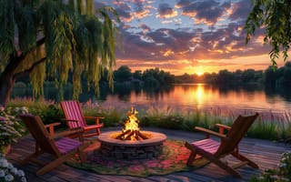 Картинка закат, озеро, атмосфера, релаксация, ива, небо, пейзаж, облака, кресла, костёр, отдых, уют, деревянные кресла, огонь, терраса, берег, умиротворение, 2k, закатное солнце, 1920 1080, вечер, нейросеть, гладь воды, природа, цветы, летний вечер, романтика, ИИ, кострище, 4k, деревья, спокойствие, ландшафт, отражение