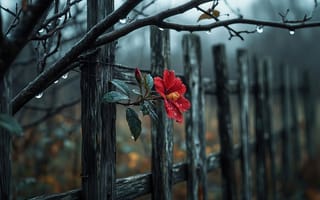 Картинка гибискус, красный цветок, 2k, цветок на заборе, садовое ограждение, туманный пейзаж, ветви, прохлада, эстетика природы, капли воды, природа, пейзаж на открытом воздухе, ботаника, листва, деревенский забор, контраст цветов, капли дождя, красота природы, осенняя атмосфера, деревянный забор, влажность, 4k, нейросеть, увядание, спокойствие, утренняя роса, 1920 1080, ИИ, меланхолия, садовое растение