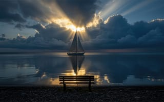 Картинка парусник, море, закат, берег, скамейка, эстетика моря, нейросеть, линия горизонта, отражение в воде, 4k, небо, морская романтика, спокойствие, 16:9, умиротворение, HD, закатное солнце, галька, рабочий стол, морской пейзаж, водная гладь, парус, прибрежный пейзаж, 2k, 1920х1080, солнечные лучи, ИИ, морская гладь, облака, яхта, атмосферная, природа, живописный вид, свет и тень, горизонт, игра света, красота заката
