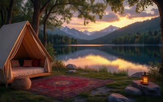 Картинка палатка, глэмпинг, уединение, закат, свежий воздух, 4k, хвойные деревья, экотуризм, сафари-тент, фонарь, озеро, 2k, отдых, кемпинговые домики, отражение в воде, кемпинг, терраса у озера, спокойствие, комфорт на природе, экодизайн, нейросеть, горы, природа, живописный пейзаж, ковёр, ИИ, релакс, лес, гармония с природой, 1920 1080