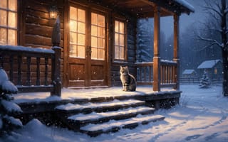 Картинка кот, зима, зимний уют, нейросеть, крыльцо, спокойствие, заснеженные ступени, заснеженный лес, тишина, лесной домик, следы на снегу, деревянный домик, морозная атмосфера, ИИ, 1920 1080, природа, фонарь, снег, 2k, 4k, тёплый свет, окна с подсветкой, загородная жизнь, зимний пейзаж, веранда, пушистый кот, деревенский дом, уют, хвойные деревья, вечер
