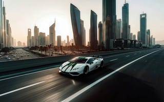 Картинка Ламборгини, Huracan, транспорт, динамика, шоссе, бело-зеленый, драйв, скорость, элитный, спорткар, ОАЭ, 16:9, небоскребы, суперкар, гоночная машина, авто, HD, футуризм, Дубай, путешествие, с машинами, спорт, трасса, 1920х1080, ИИ, концепт арт