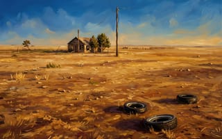 Картинка пустыня, заброшенный дом, пейзаж, HD, одиночество, масляные мазки, 1920х1080, 16:9, рабочий стол, 4k, солнце, облака, сухая трава, нейросеть, закат, хижина, живопись, вестерн, ИИ, старые шины, эстетика, винтаж, цифровой рисунок, телеграфный столб, зной