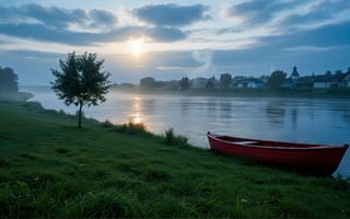 Картинка рассвет, река, ИИ, прибрежные деревья, солнце, вода, 2k, отражение, красная лодка, 16:9, берег, природа, горизонт, утро, утренний свет, облака, прибрежная зона, утренняя дымка, зелень, трава, рабочий стол, HD, сельская местность, пейзаж, нейросеть, речной берег, тишина, водная гладь, 1920х1080, небо, спокойствие, 4k, деревенский пейзаж, лодка, свет и тень, туман, умиротворение