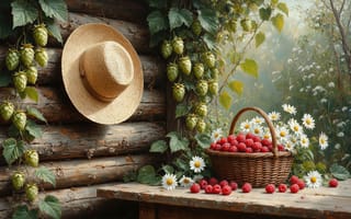 Картинка натюрморт, малина, урожай, соломенная шляпа, деревенская эстетика, хмель, плетёная корзина, рабочий стол, природа, корзина, лето, сельский уют, деревенский стиль, деревенская идиллия, цветы, сельский натюрморт, романтика деревни, брёвна, 2k, 1920х1080, нейросеть, ботанический мотив, HD, ромашки, ИИ, 16:9, 4k, гармония природы, ягоды, полевые цветы, загородная атмосфера, естественная красота, бревенчатая стена, сельский пейзаж, композиция, спелые ягоды