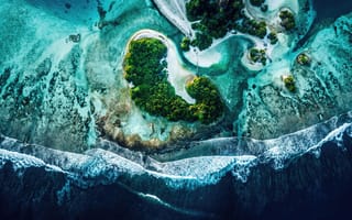 Картинка океан, море, рабочий стол, 4k, Мальдивы, 2k, тропики, природа, волны, пляж, лазурный берег, дронофото, HD, атолл, песок, заставка, ИИ, райский остров, путешествия, морская пена, 1920х1080, остров, 16:9, птичий полет, лагуна, вид сверху, контраст