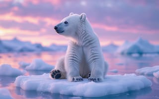 Картинка белый медведь, медвежонок, 2k, умиротворение, природа, нейросеть, ледяная гладь, спокойствие, красота, океан, сумеречный пейзаж, холод, арктическая фауна, дикая красота, дикая природа, север, полярные льды, океанские просторы, 1920 1080, арктический пейзаж, ИИ, 4k, льдина, животное, пушистый мех, Арктика, северное сияние, северная природа, лёд, пейзаж, айсберг, закатное небо, закат, отражение