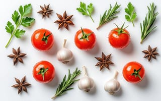 Картинка помидоры, черри, кулинарная композиция, 2k, бадьян, розмарин, ИИ, здоровый рацион, звёздчатый анис, кулинария, еда, фотокомпозиция, нейросеть, 1920 1080, овощи, ингредиенты, декор для кухни, ароматные травы, зелень, гастрономия, 4k, белый, натюрморт, свежесть, приправы, специи, минимализм, чеснок, продукты, петрушка
