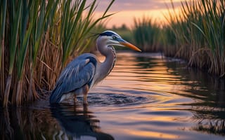 Картинка цапля, голубая цапля, цапля на охоте, природная гармония, мелководье, отражение, естественная среда, 1920 1080, хищная птица, флора и фауна, закат у воды, спокойствие, тростник, 4k, дикая природа, берег, фауна, 2k, большая голубая цапля, птица, пернатые, цапля в тростнике, болотный пейзаж, болотная цапля, дикая красота, водная гладь, природа, заросли, нейросеть, красота природы, закат, пейзаж, умиротворение, водоём, ИИ