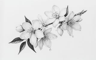 Картинка рисунок, ветка, ИИ, монохром, 1920 1080, эскиз, роса, графика, 4k, флора, цветение, листья, лепестки, цветы, детализация, 16:9, иллюстрация, весна, художественная работа, капли, тушь, эстетика, нейросеть, монохромная палитра, природа, рабочий стол, чёрно-белый, искусство, карандаш, композиция, цветочный мотив, графика растений, ботанический рисунок, ботаника, изящество, HD, 2k