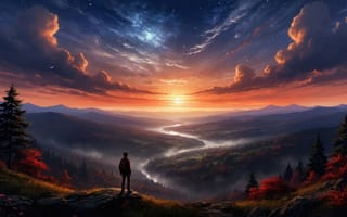 Картинка закат, горы, небо, закатное солнце, рабочий стол, человек, одинокая фигура, 4k, созерцание, природа, величественность, осень, 16:9, спокойствие, 1920 1080, лес, 2k, рассвет, нейросеть, цифровое искусство, хвойные деревья, река, романтика природы, туман, красные листья, солнце, пейзаж, ИИ, красота природы, долина, горизонт, художественная иллюстрация, умиротворение, панорамный вид, HD, живописный ландшафт, облака, звёздное небо
