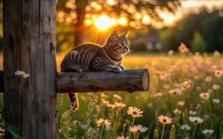Картинка кот, полосатый кот, расслабление, 2k, спокойствие, кошачья грация, солнечный свет, 16:9, сельский пейзаж, тепло, природа, горизонт, трава, цветы, красота, нейросеть, лето, сельская идиллия, солнечные лучи, котик, 4k, закат, пейзаж, деревенский уют, зелень, ромашки, вечер, деревянный забор, 1920 1080, HD, полевые цветы, животное, ИИ, поле, умиротворение, рабочий стол, отдых