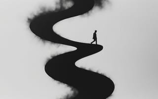 Картинка силуэт, дорога, контраст, туман, графика, чёрный силуэт, движение, минимализм, нейросеть, человек в пути, композиция, арт, ИИ, эстетика, путешествие, философия, дым, черно-белая гамма, HD, монохром, концептуальное искусство, абстракция, рабочий стол, перспектива, 1920 1080, дорога в неизвестность, 4k, 16:9, путь, жизненный путь, метафора, 2k, извилистая дорога, символизм