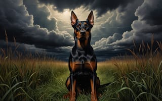 Картинка доберман, собака, нейросеть, животное, HD, 16:9, шторм, грация, трава, рыжий, настороженность, уши, поле, 2k, рабочий стол, облака, 1920х1080, порода, шерсть, мощь, контраст, ИИ, пинчер, драматичный, пейзаж, 4k, тень, свет, буря, ландшафт, преданность, чёрный, небо, природа, реализм, взгляд, композиция, искусство