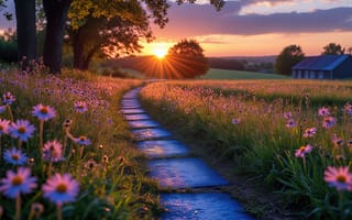 Картинка закат, ромашки, красота природы, нейросеть, спокойствие, каменная дорожка, полевые цветы, HD, тропинка, солнечные лучи, поле, 4k, летний закат, зелень, вечер, дорожка в поле, сельский пейзаж, горизонт, сельская идиллия, домик, цветы, умиротворение, деревенская атмосфера, рабочий стол, закатное солнце, тёплые оттенки, 2k, 16:9, 1920 1080, цветущее поле, сельский домик, природа, ИИ